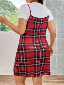 SHEIN ICON 大碼格紋印花肩上打結下擺開叉吊帶緊身洋裝不帶T恤 - 彩色 - 查看 2