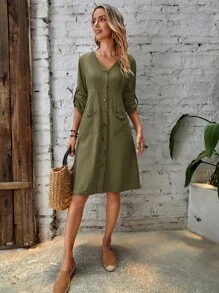 EMERY ROSE 捲邊袖前紐扣雙口袋洋裝 - 軍綠色 - 查看 4