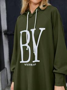 Mulvari Letter Graphic Drawstring Hoodie & Sweatpants Set - Army Green - View 3