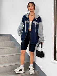 SHEIN EZwear Đồ họa Chữ cái Khối màu Thả vai Hoodie - Màu xanh hải quân - Xem 5