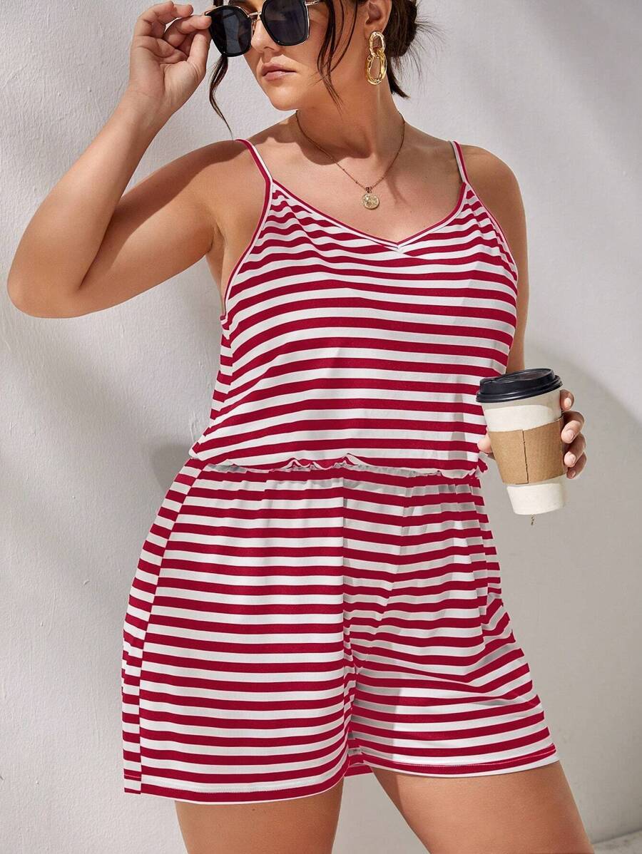 SHEIN Essnce 大碼條紋印花吊帶連體短褲 - 紅白色 - 查看 1