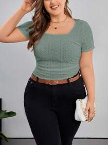 SHEIN Essnce Plus Eyelet Embroidery Scoop Neck Tee - Mint Green - View 5