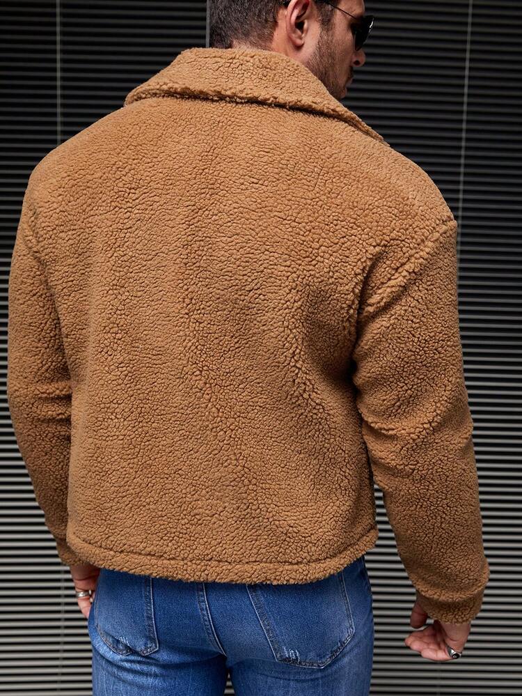 Loose Fit Men's Solid Color Teddy Jacket With Drop Shoulders