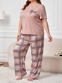 Plus Plaid Print Pocket Patched PJ Set / Pajama Set - Multicolor - View 3