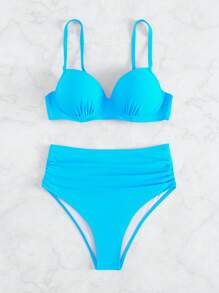 SHEIN Swim Summer Beach Plain Push Up Bikini Set - Blue - View 4
