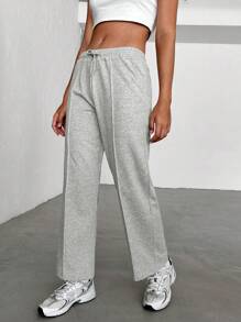 RueChic Solid Drawstring Waist Seam Detail Sweatpants - Light Grey - View 5
