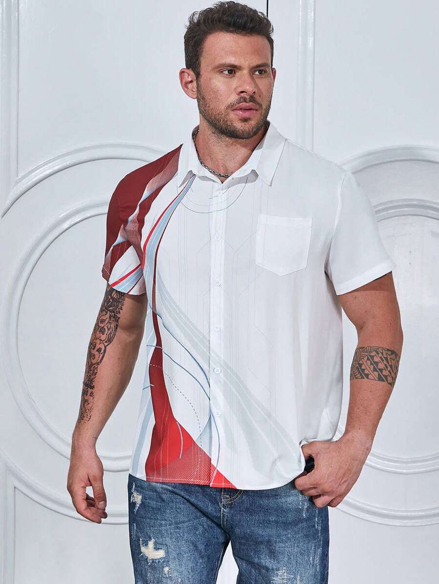 Manfinity Homme Men Plus Colorblock Pocket Patched Shirt - Red and White - View 1