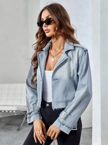 SHEIN Essnce 帶扣細節牛仔夾克 - 淺色水洗藍 - 查看 4