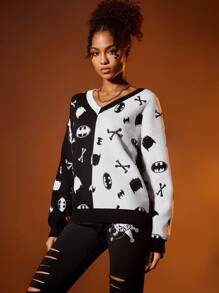 BATMAN X SHEIN Hai âm Mô hình Cartoon Thả vai Áo len - Đen và trắng - Xem 4