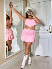 SHEIN ICON Plus Draped Bandana Hem Tie Backless Halter Top & Ruched Skirt - Pink - View 6