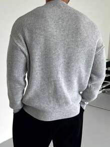 Men Solid Ribbed Knit Drop Shoulder Sweater, Long Sleeve Top