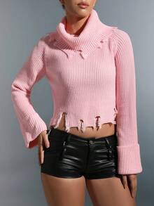 SHEIN Unity 高領條紋針織仿舊下擺短款毛衣 - 淺粉色 - 查看 5