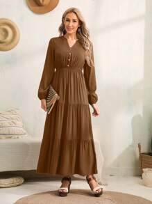 EMERY ROSE Fall Women Clothes Women's Casual All-Over Print Notched Neck Dress, Spring & Fall Fall Clothes Women - Brown - View 1