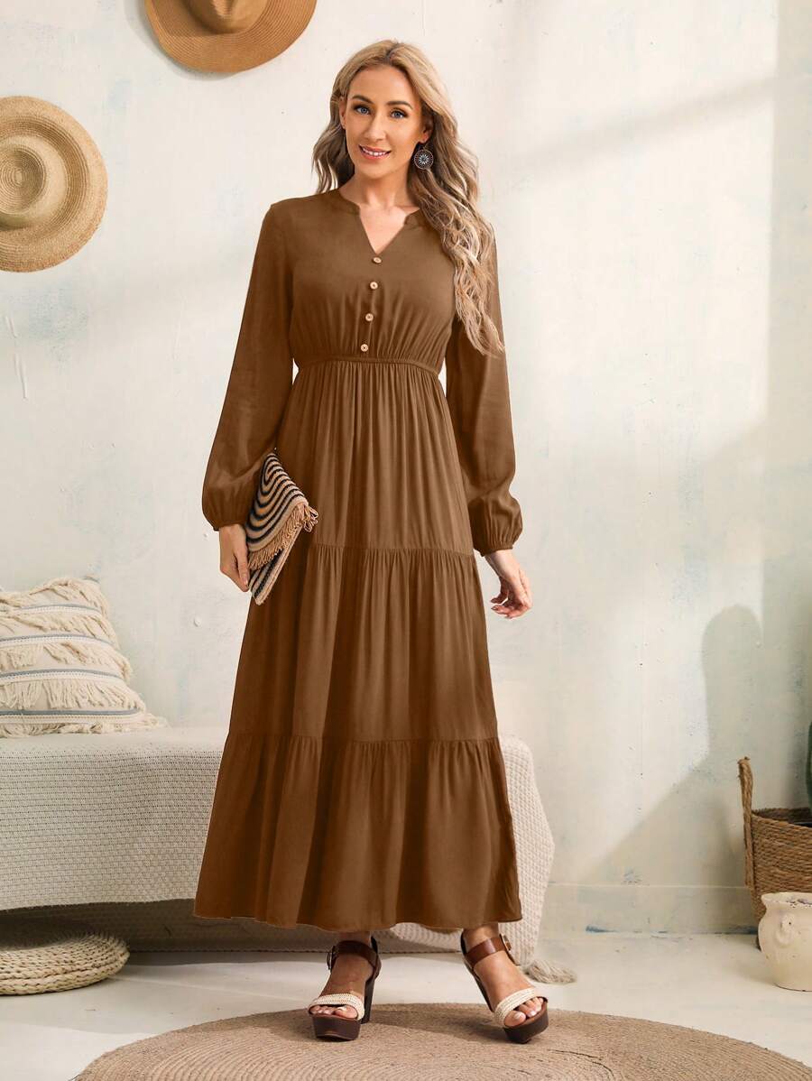 EMERY ROSE Fall Women Clothes Women's Casual All-Over Print Notched Neck Dress, Spring & Fall Fall Clothes Women - Brown - View 1