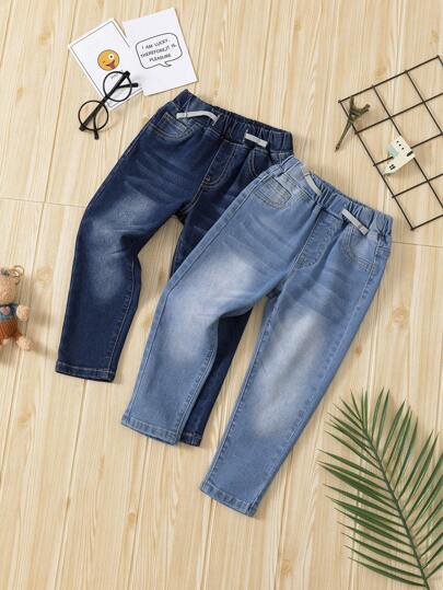 SHEIN Young Boys' Full Spray Mule Cat Mustache Jeans (Dark And Light) Two-Piece Set, School, Campus, College Chic Outfits For Autumn/Winter