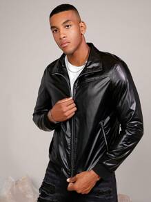 GENTILAND Nam Lỏng lẻo phù hợp chất liệu da PU Dây kéo Áo khoác - màu đen - Xem 6