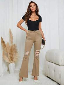 SHEIN LUNE Jeans de pierna amplia desgarro - Caqui - Ver 4