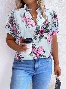 Calvaya Plus Floral Print Notched Neckline Puff Sleeve Blouse - Blue - View 1