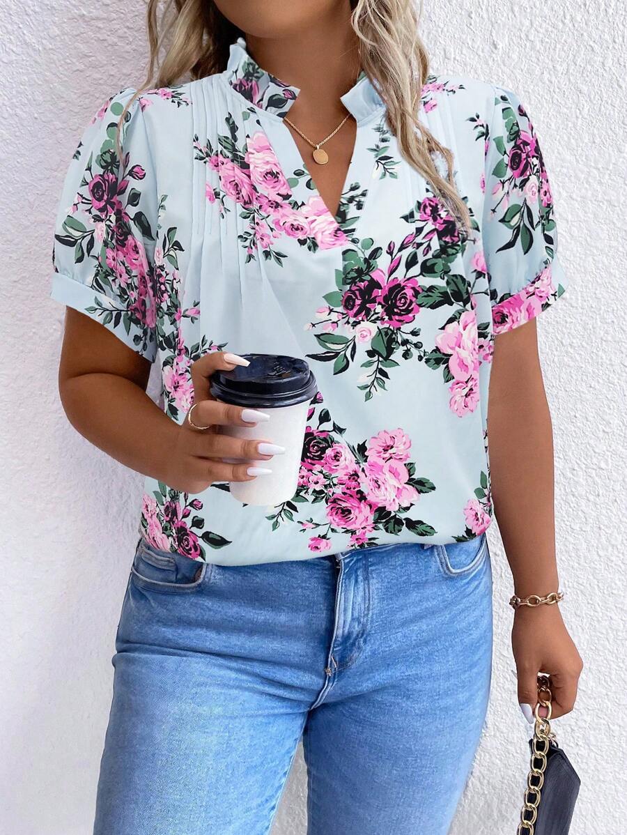 Calvaya Plus Floral Print Notched Neckline Puff Sleeve Blouse - Blue - View 1