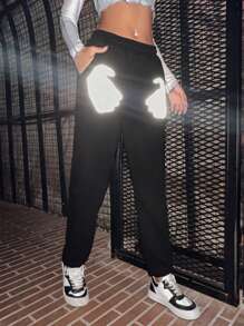 EURMUSE Women's Hip Hop Chic Black Glow-In-The-Dark Handprint Loose Drawstring Sweatpants - Black - View 3