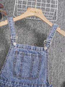 Teen Girl Patched Pocket Pleated Hem Denim Overall Dress Without Tee - Medium Wash - View 3