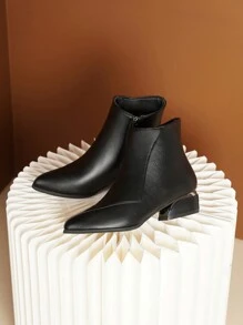 Fall/Winter Women's Sophisticated Black 4cm Leather Patchwork Pointed Toe Electric Plating Glossy Chunky Heel Side Zipper Fashionable Sexy Party Short Shaft Commuting Flat Chelsea Boots,Boots For Women - Black - View 8