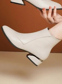 Fall/Winter Women's High-End Beige Leather Patchwork Pointed Toe Metallic Glossy 4cm Chunky Heel Side Zipper Fashionable Sexy Party Short Ankle Chelsea Boots,Boots For Women