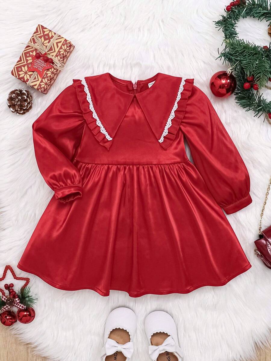 SHEIN Baby Girl Contrast Lace Trim Statement Collar Lantern Sleeve Dress - Red - View 1