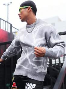 Manfinity EMRG Men Graphic Pattern Drop Shoulder Baggy Crew Neck Long Sleeve Sweater, Color Block Light Grey Vacation Fashion Sweater For Friends