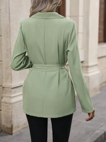 SHEIN Clasi Lapel Neck Flap Pocket Open Front Blazer - Green - View 3