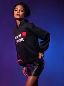 BATMAN X SHEIN Slogan Graphic Drop Shoulder Hoodie - Black - View 6