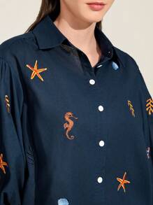 Seusyu 海星&貝殼圖案燈籠袖襯衫 - 藏蓝色 - 查看 5