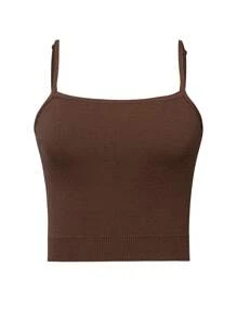 SHEIN BASICS 素色針織吊帶上衣 - 巧克力棕 - 查看 7
