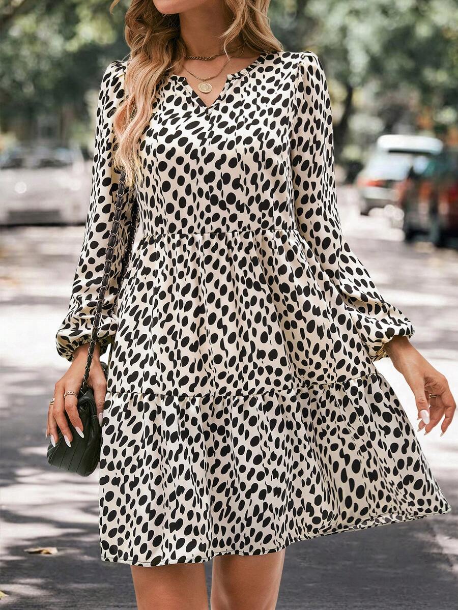 SHEIN Clasi In Toàn bộ Tay áo lồng đèn Xù Hoa Sen Váy Smock - Màu Khaki - Xem 1