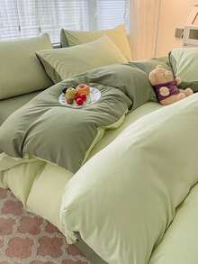 3pcs Green Washed Double-sided Duvet Cover And Pillowcase Set - Green - View 2