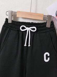 Tween Boy Letter Patched Drawstring Waist Straight Leg Pants - Black - View 5