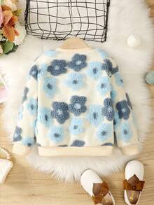 SHEIN 女小童花卉圖案落肩袖絨毛運動衫 - 藍白色 - 查看 2