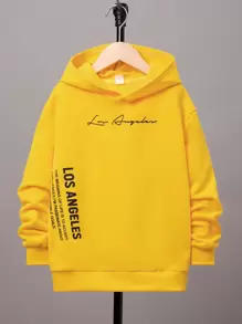 SHEIN 青少年男孩休闲运动口号印花连帽衫