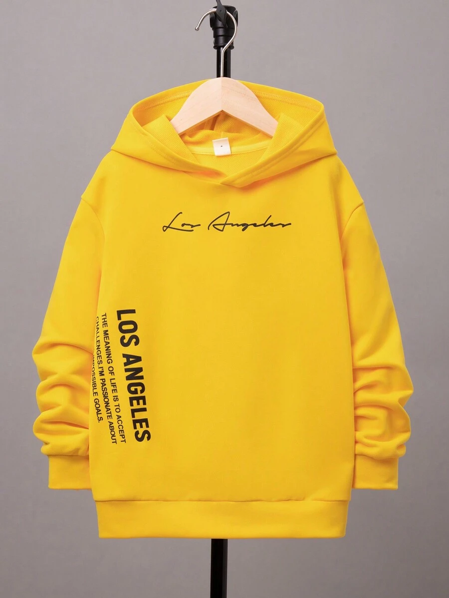 SHEIN 青少年男孩休闲运动口号印花连帽衫