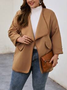 SHEIN LUNE 大碼撞色滾邊開門襟花呢外套 - 棕色 - 查看 4