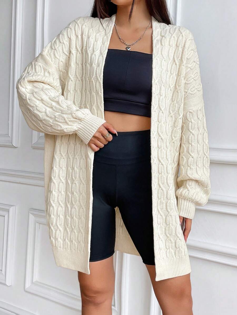 SHEIN Unity 绞花针织落肩开衫 - 杏色 - 查看 1