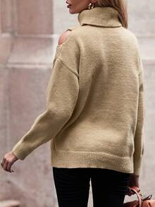 SHEIN LUNE Cut Out Buckle Detail Turtleneck Drop Shoulder Sweater Knit Pullover Fall Winter Outfit - Camel - View 2