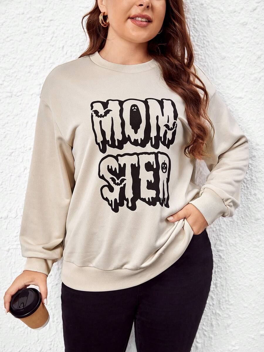 SHEIN LUNE Plus Letter Graphic Drop Shoulder Sweatshirt - Apricot - View 1