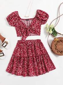 SHEIN VCAY Hơn In Toàn bộ Nút phía trước Top Cây trồng & Xù Hoa Sen Váy - Đỏ và trắng - Xem 1