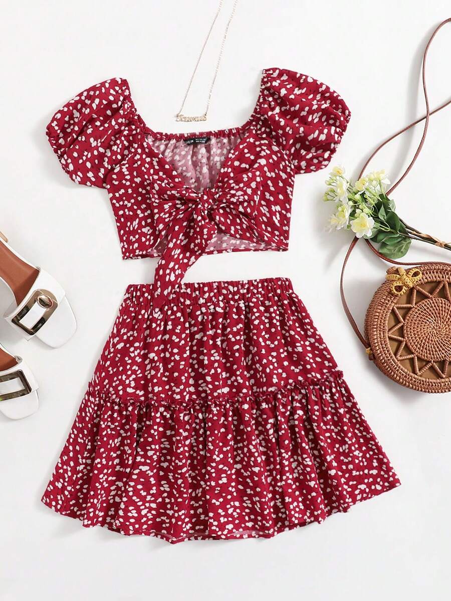 SHEIN VCAY Hơn In Toàn bộ Nút phía trước Top Cây trồng & Xù Hoa Sen Váy - Đỏ và trắng - Xem 1