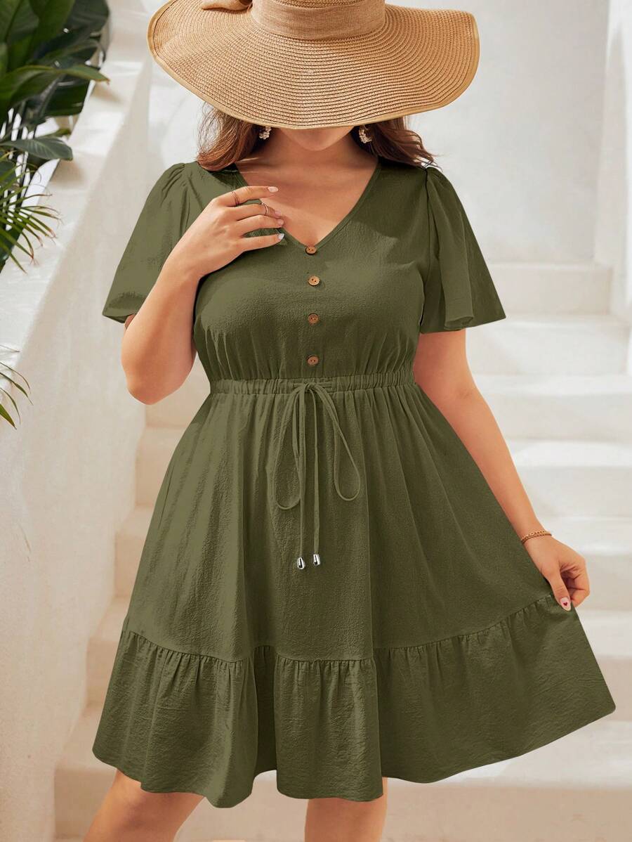 SHEIN VCAY Plus Butterfly Sleeve Ruffle Hem Knot Front Dress - Army Green - View 1