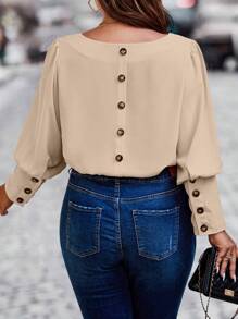 SHEIN Unity 大碼後紐扣羊腿袖襯衫 - 杏色 - 查看 1