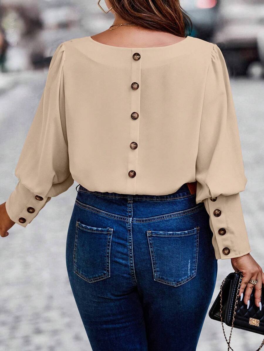 SHEIN Unity 大碼後紐扣羊腿袖襯衫 - 杏色 - 查看 1