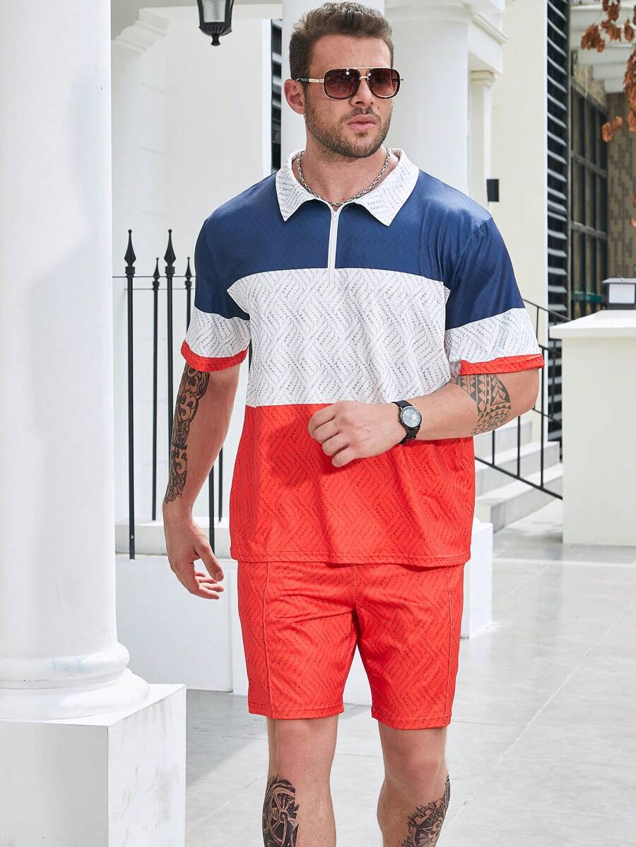 Manfinity Homme Men Plus Colorblock Polo Shirt & Shorts - Multicolor - View 1