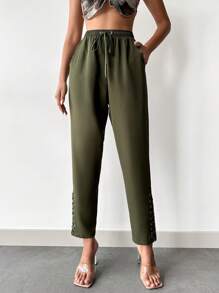 EURMUSE Solid Drawstring Waist Slant Pocket Pants - Army Green - View 5